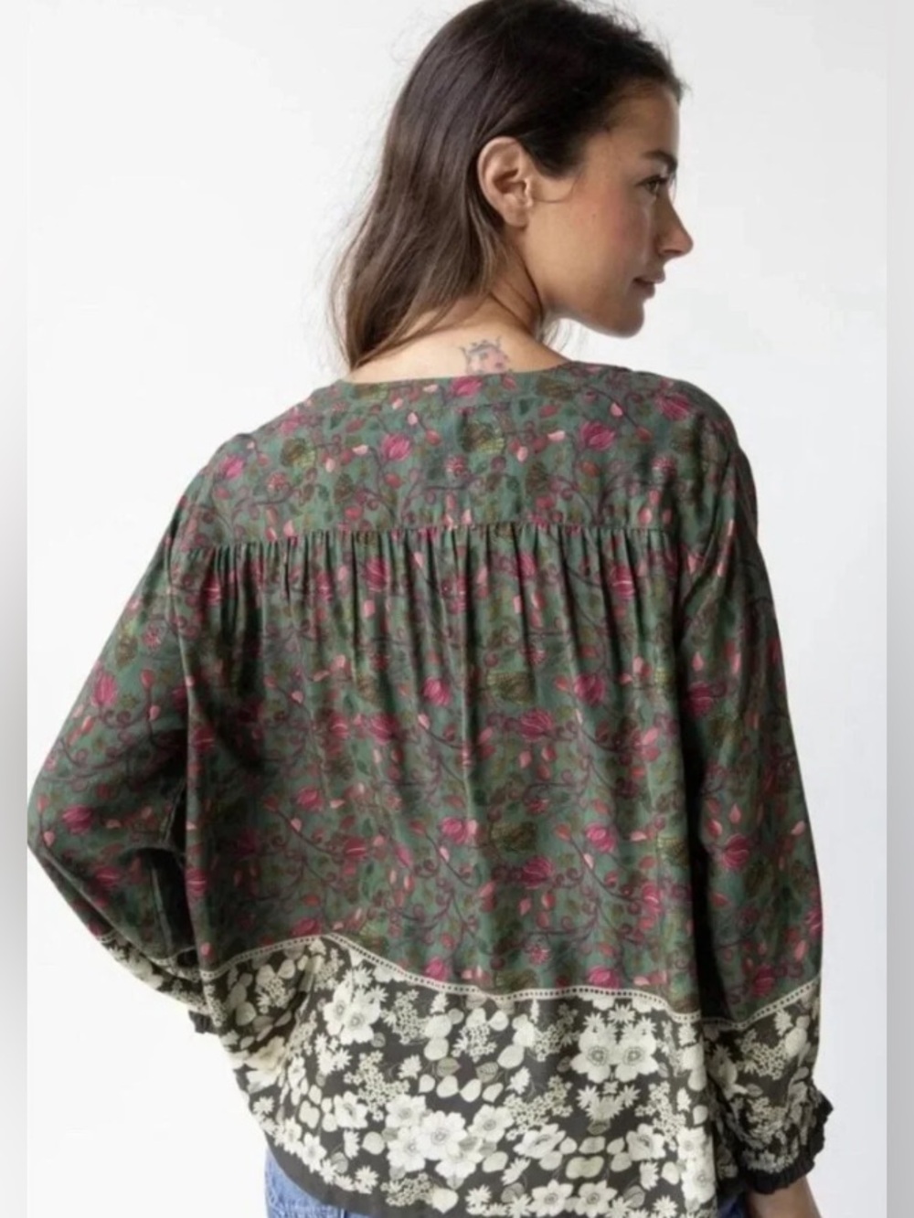 NATURAL LIFE Dara Boho Floral Peasant Blouse in Green Size Large - Picture 2 of 9